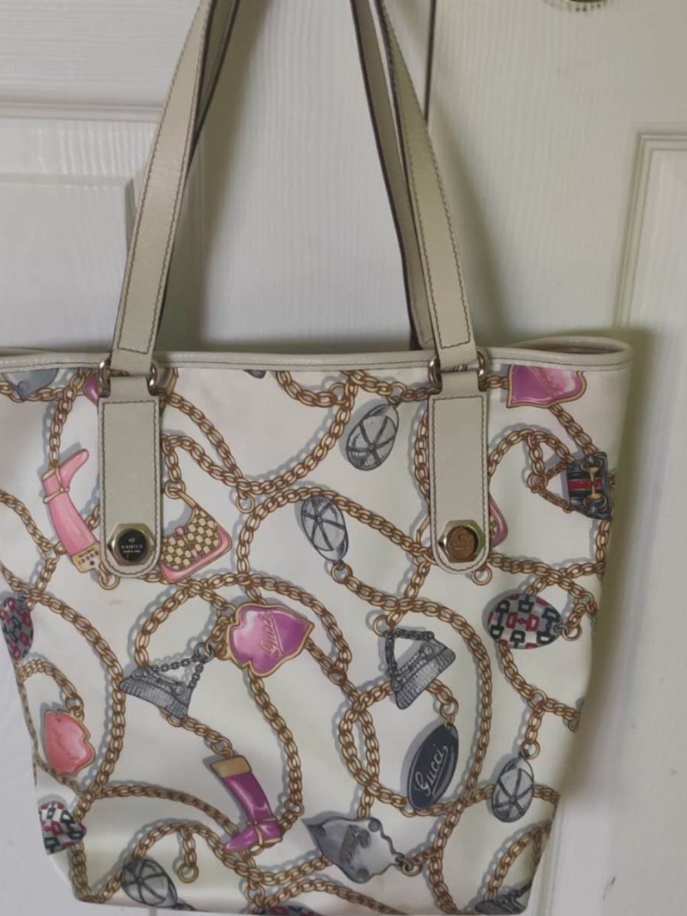 Vintage Gucci Charm Print Silk Tote Bag | Cream | Dust Bag Included